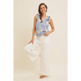 ROMANTIC EMBROIDERY BLOUSE TOP WITH BOW STRAPS: DUSTY BLUE / S