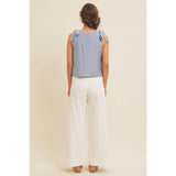 ROMANTIC EMBROIDERY BLOUSE TOP WITH BOW STRAPS: DUSTY BLUE / S