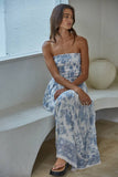 L9240 | Woven Cotton Rayon Floral Smocked Strapless Midi: Ivory Blue / S