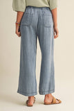 Drawstring Waist Patch Pocket Wide Leg Pants: WASHED DENIM / L