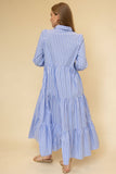 Striped Poplin Collared ¾ Sleeve Tiered Button Up Maxi Dress: Lt. Blue Stripes / XS