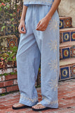 L9640B | Woven Linen Cotton Embroidered Wide Leg Pants: Lavender Blue / M