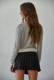 W2210 | Knit Sweater Acrylic Striped Crew Neck Cardigan: Natural Black / L