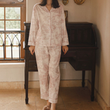 Pink Toile Women Pajamas Set – Summer Cotton Loungewear : M