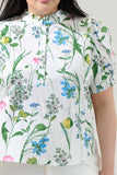 Clove Garden Floral Puff Sleeve Top Curve: WHT-PINK-GREEN / 3X