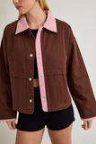 SHACKET WITH GINGHAM CONTRAST DETAILING: CREAM-BROWN GINGHAM / XS