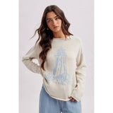LIGHTHOUSE COASTAL GRAPHIC COZY SWEATER / WL26-13217: MARBLE/SKY / M