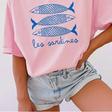 Les Sardines Print Women T-Shirt: Khaki / 2XL
