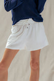 Linen Blend Elastic Waist Drawstring Shorts: White / S-M-L:2-2-2