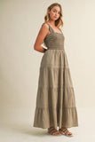 STRIPED SMOCKED-BODICE TIERED DRESS: DENIM / S