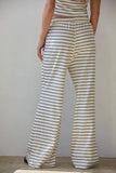 L8907B | Knit Striped Waist Elastic Band Tie Flare Pants : Cream Black / L