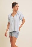 LIGHTWEIGHT STRIPE FLARE PEASANT BLOUSE WITH PUFF SLEEVES: SKY BLUE / M