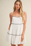TAPE TRIM WITH SHIRRED TIERED ROMPER DRESS: SNOW WHITE / M