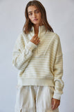 HSW1288 Preppy Californian Half-zip Striped Sweater-Ecru: ECRU / S-M-L (3-2-1)