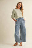 Drawstring Waist Patch Pocket Wide Leg Pants: WASHED DENIM / M