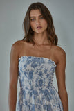 L9240 | Woven Cotton Rayon Floral Smocked Strapless Midi: Ivory Blue / M