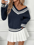 V-Neck Cable Knit Sweater with Contrast Stripes: Navy / M