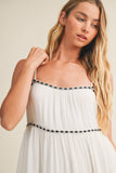 TAPE TRIM WITH SHIRRED TIERED ROMPER DRESS: SNOW WHITE / M