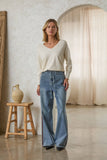Washed Denim Pants with Faux Suede Side Line Detail and Wais: Denim / S
