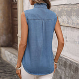 Denim Sleeveless Button Down Shirt: Blue / L