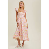 FLORAL RUFFLED MIDI DRESS / WL24-9542: PUNCH COMBO / S