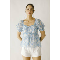 JT6166- TOILE FLORAL PRINT BABY DOLL TOP: WHITE BLUE FLORAL / S