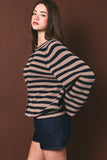 RAGLAN LONG SLEEVE CREW NECK STRIPED SWEATER CARDIGAN: BLUE-LT BLUE STRIPE / M