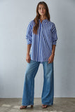 LAR1050 | Woven Cotton Striped Button Down Shirt Top: Blue White / M