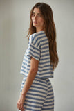 RJ3502T | Knit Cotton Polyester Rayon Striped Crop Top : Blue White / M