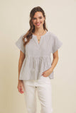 DROP SHOULDER SPLIT NECK STRIPE PEPLUM TOP: CORAL / S