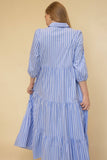 Striped Poplin Collared ¾ Sleeve Tiered Button Up Maxi Dress: Lt. Blue Stripes / L