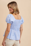 GINGHAM BABYDOLL TOP W/ HOOK & EYE: POWDER BLUE / L