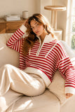 HSW1288 Preppy Californian Half-zip Striped Sweater-Ecru: ECRU / S-M-L (3-2-1)