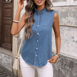 Denim Sleeveless Button Down Shirt: Blue / L