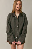 OVERSIZED WASHED BARN JACKET WITH LEATHER COLLAR: NAVY-DK BROWN / S