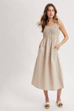 STRIPED SELF SHOULDER TIE MIDI DRESS / WL25-11446: BLUE/WHITE / M