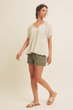 LIGHTWEIGHT STRIPE FLARE PEASANT BLOUSE WITH PUFF SLEEVES: SKY BLUE / S