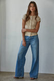 RJ3493 | Knit Ribbed Buttondown Short Sleeve Cardigan Top: Beige / M