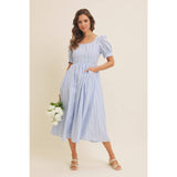 EMBROIDERED GINGHAM MIDI DRESS WITH PUFF SLEEVES: POWDER BLUE / M