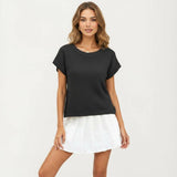 Short Sleeve Textured Knit Top with Crew Neck Ribbed Trim and Relaxed Fit: Light Beige / XL 16-18
