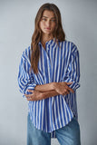 LAR1050 | Woven Cotton Striped Button Down Shirt Top: Blue White / M