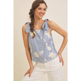 ROMANTIC EMBROIDERY BLOUSE TOP WITH BOW STRAPS: DUSTY BLUE / S