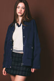 OVERSIZED WASHED BARN JACKET WITH LEATHER COLLAR: OLIVE-DK BROWN / M
