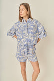 Embroidered Volume Sleeve Shirt: BLUE/CREAM / L