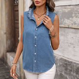 Denim Sleeveless Button Down Shirt: Blue / XL