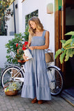 STRIPED SMOCKED-BODICE TIERED DRESS: DENIM / S