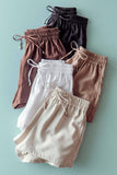 Linen Blend Elastic Waist Drawstring Shorts: White / S-M-L:2-2-2