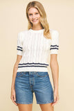 STRIPE DETAILED CABLE SWEATER - 5991W: OFF WHITE/NAVY / M