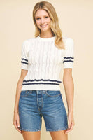 STRIPE DETAILED CABLE SWEATER - 5991W: OFF WHITE/NAVY / S