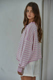 W2537 | Knit Polyester Acrylic Striped Sweater Cardigan : Lavender Pink / M